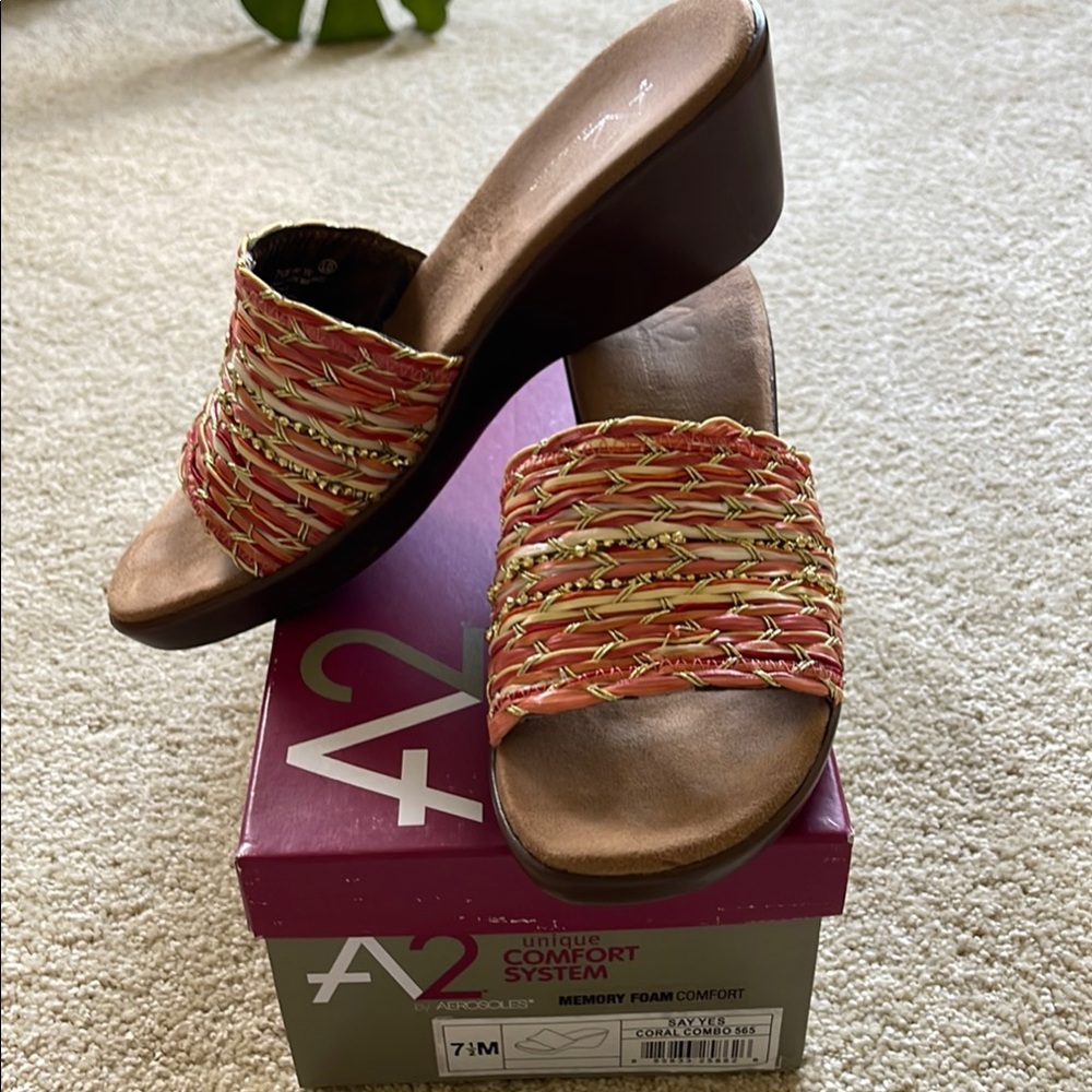 A2 By Aerosoles Red and Gold Mules with Artisanal Woven Detail
